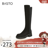 百思图美拉德瘦瘦靴黑色弹力靴粗跟女长筒靴TE580DG3
