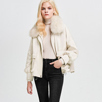 MeetMetro玛依尔工装风大毛领派克服女米白色宽松短外套