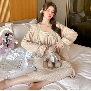 真维斯女装2024年新款 时尚睡裙春起居服长袖裙子家居服KR 豆沙色8300 160/84A/M
