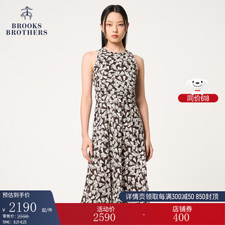 Brooks Brothers BrooksBrothers）女士24早春亚麻修身无袖撞色连衣裙 B245-棕色印花 4