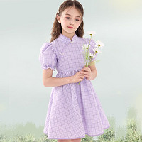 Disney 迪士尼 女童连衣裙夏季2024新款儿童改良版中式裙子宽松中大童格子裙
