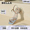 88VIP：BeLLE 百丽 一字带粗高跟凉鞋女款2024夏新款鞋细条带银色单鞋3Z1C8BL4