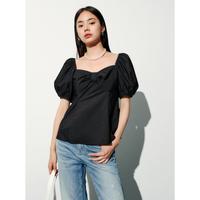 【法式短款蝴蝶结】夏一字肩上衣方领泡泡袖女衬衫