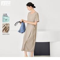 2024夏装简约纯色舒适不对称侧边系带女式长宽短袖T恤连衣裙