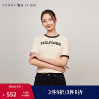 TOMMY HILFIGER24春夏女纯棉学院风植绒字母弹力针织短袖T恤上衣41208 米白色AEF M （：110-120斤）