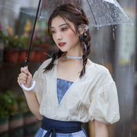 花朝记 山水清音·薄露 花朝记汉服原创 对襟泡泡袖假两件汉元素齐腰破裙