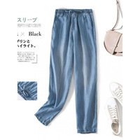 】高档轻奢品牌2022夏季薄款天丝牛仔裤女松紧腰九分冰丝萝卜裤哈伦裤宽松女裤子 浅蓝九分裤 5XL适合190斤-210斤