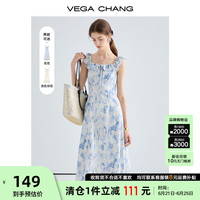 VEGA CHANG连衣裙女2024夏季法式复古印花方领高腰显瘦裙子 花色 M