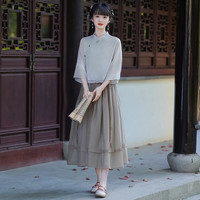景华年春夏改良汉服成人女复古新中式汉元素文艺唐装中国风上衣裙子套装 杏色上衣+咖色裙子 L