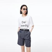 丽丽 LILY夏季季舒适全棉别致钉珠字母印花侧开叉圆领短袖t恤