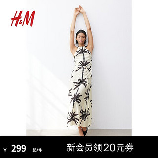 H&M女装裙子2024夏季A字V领设计长款连衣裙1236785 奶油色/棕榈树 155/80 XS