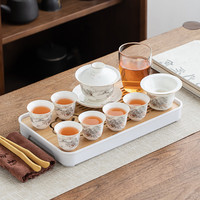 金镶玉功夫茶具套装 羊脂玉瓷家用陶瓷白瓷带茶盘盖碗旅行茶具套装 山居描金羊脂玉瓷套装