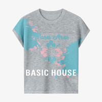百家好(Basic House)撞色休闲夏季扎染小众设计感宽松短袖针织衫女