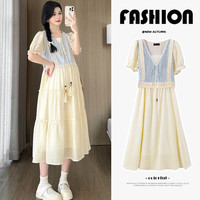 苒琦妈咪 孕妇夏季连衣裙大码宽松小清新收腰中式V领长裙夏装2024新款拼接 图片色 XL