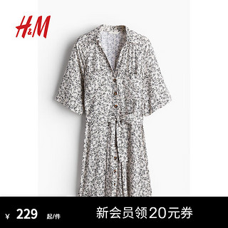 H&M女装连衣裙2024夏季 翻领中袖腰部系带衬衫式短裙1232079 白色/图案 155/80 XS