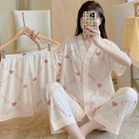 婧麒（JOYNCLEON）睡衣女春夏款夏季女士家居服短袖短裤三件套可外穿女款可爱 小爱心 XL-XXL【3码】