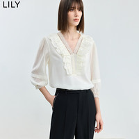 丽丽 LILY2024夏季新品法式重工花边V领莱赛尔泡泡袖花边领雪纺衫女 601白色