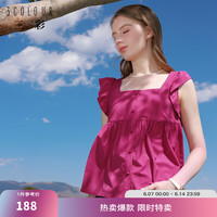 三彩2024夏季新款复古方领飞飞袖衬衫短款宽松娃娃衫遮肉显瘦女