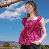 三彩2024夏季复古方领飞飞袖衬衫短款宽松娃娃衫遮肉显瘦女 玫红色 155/80A/S