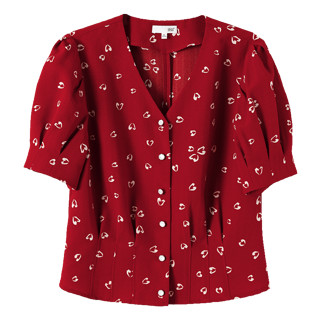 欧莎（OSA）【潮流少女】短款衬衫灯笼袖v领上衣女士夏季小个子衬衣 红色 M