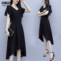 莎妮朵罗连衣裙夏雪纺裙新品显瘦款短袖V领遮肚子时尚小黑裙子15956 黑色