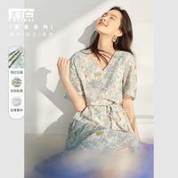 对白 油画感法式连衣裙女夏2023新款复古V领收腰压褶温柔a字碎花裙