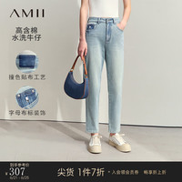 AMII2024夏休闲百搭丹宁风牛仔裤九分裤女布标装饰裤子 牛仔蓝 155/64A/S
