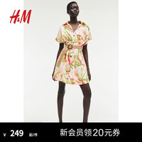 H&M女装2024夏季新款连衣裙棉质优雅气质V领短袖衬衫短裙1233426 白色/花卉 1