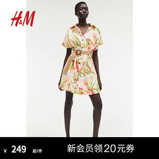 H&M女装2024夏季连衣裙棉质优雅气质V领短袖衬衫短裙1233426 白色/花卉 170/116