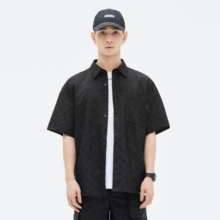 GXG男装夏季黑色微阔提花工艺休闲宽松短袖衬衫