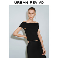 URBAN REVIVO 女士一字领露肩短款针织T恤 UWG940201 正黑 L