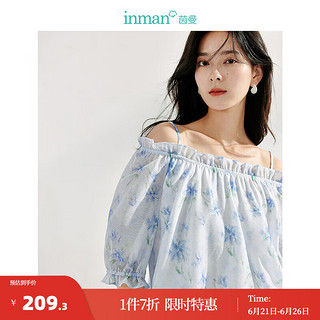 茵曼（INMAN）木耳边一字领碎花衬衫2024夏季女装可调肩带短袖宽松衬衣 蓝花 XL