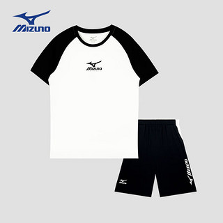 Mizuno 美津浓 儿童运动套装男女同款2024夏季新款运动T恤休闲短裤 黑白 TZ24230273