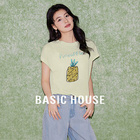 Basic House/百家好蝙蝠袖套头针织衫女2024夏季印花薄款T恤上衣 白色 S