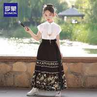 罗蒙马面裙女童汉服夏款古风古装国风半身裙 黑色马面裙套装 130