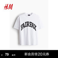 H&M男装2024夏季棉质休闲宽松版印花T恤1227157 白色/Fairfax 180/124
