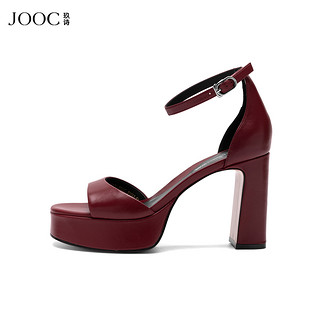 JOOC 玖诗 一字带凉鞋女2024夏季新款欧美风露趾时尚凉鞋粗跟高跟鞋