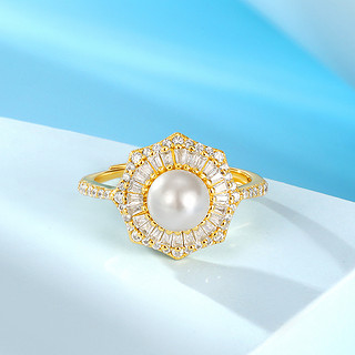 MOKINGRAN 梦金园 复古珍珠戒指锆石银指环活口食指戒高级花型显大银手饰女士