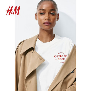 H&M女装2024年夏季T恤常规款棉质圆领休闲短袖上衣1056633 奶油色 1