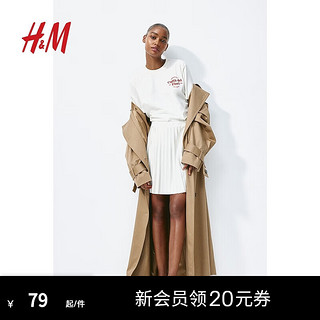 H&M女装2024年夏季T恤常规款棉质圆领休闲短袖上衣1056633 奶油色 155/80