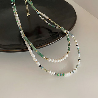 KOSE 高丝 双层绿色珍珠项链女韩国小众复古个性百搭气质颈链锁骨链