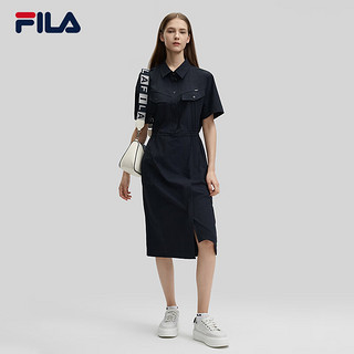 FILA Emerald斐乐女子梭织连衣裙2024秋季新款时尚宽松翻领收腰裙