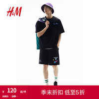 H&M【瑞克和莫蒂】男装T恤24夏季新款印花宽松重磅短袖上衣1222925 黑色/瑞克与莫蒂