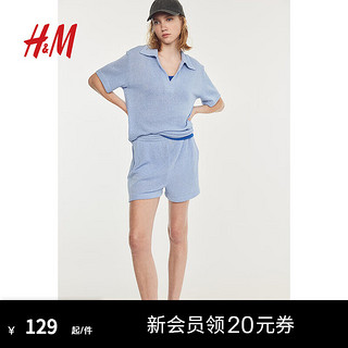 H&M女装休闲裤2024夏季时尚潮流简约舒适直筒汗布短裤1164047 浅蓝色 160/72