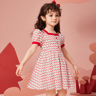 ASK JUNIOR女童连衣裙夏季薄款小童甜美樱桃满印泡泡袖公主裙 红色 90