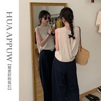 画朴法式杏色露背针织T恤女装2024春夏季交叉无袖设计感上衣
