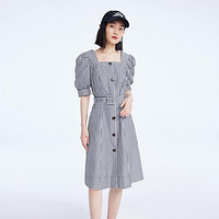 LILY商务时尚 夏季复古格纹法式方领高腰短袖连衣裙
