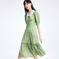 限尺码：LILY商务时尚 热销夏季法式复古优雅泡泡袖蕾丝洋气印花短袖连衣裙子女