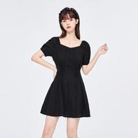 森马 Semir【经典时尚】夏绣花方领绑带镂空优雅泡泡袖气质裙子法式连衣裙女