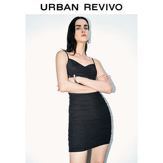 URBAN REVIVO 女拼接褶皱吊带连衣裙 UWJ740039 正黑 XS